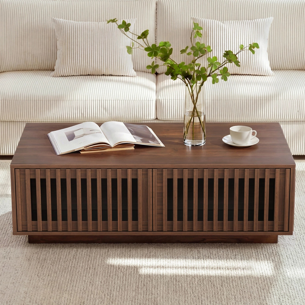 Tavolino basso con 2 ante a griglia e 2 vani contenitore, per soggiorno, in MDF e truciolare, noce, 100 × 50 × 35 cm