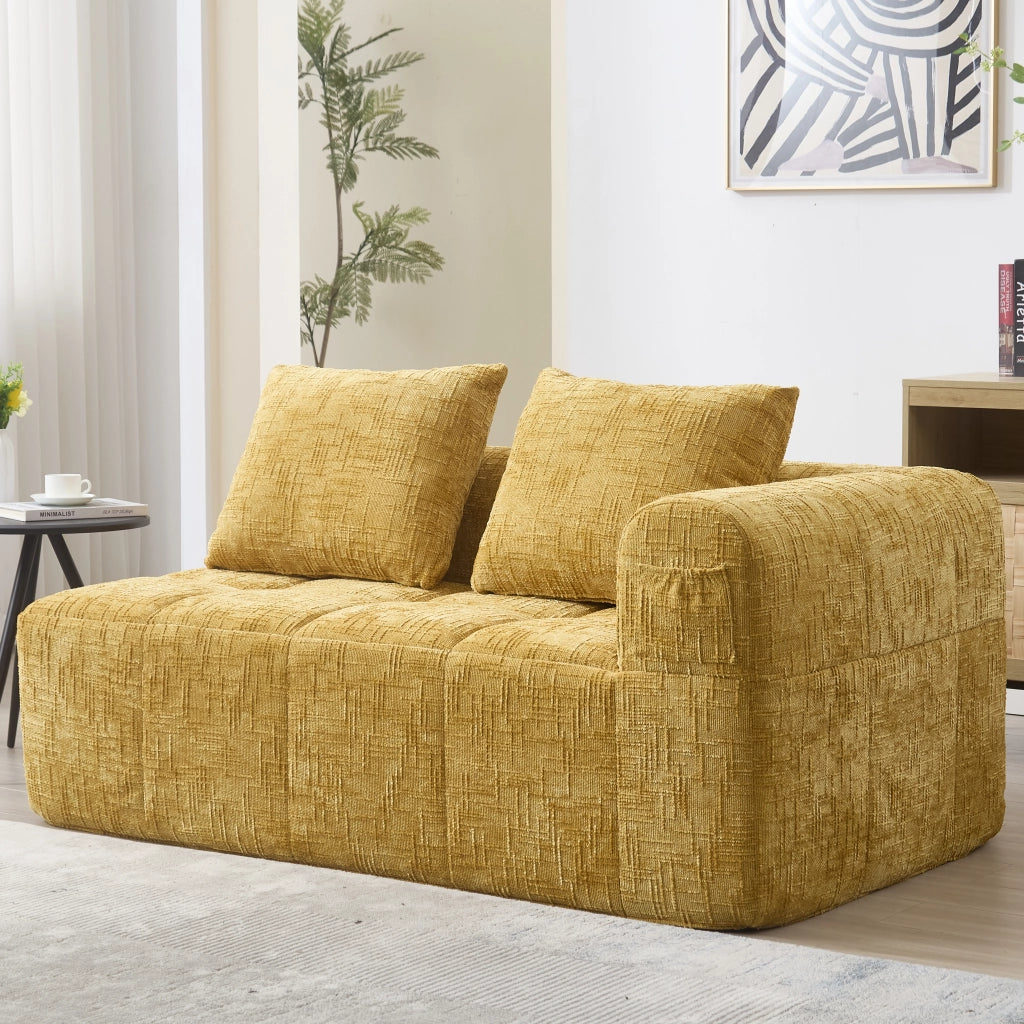 OKWISH Divano 2 Posti, Seduta Morbida con Tasche Laterali e Cuscino Incluso, Stile Chaise Longue, Ciniglia, Giallo
