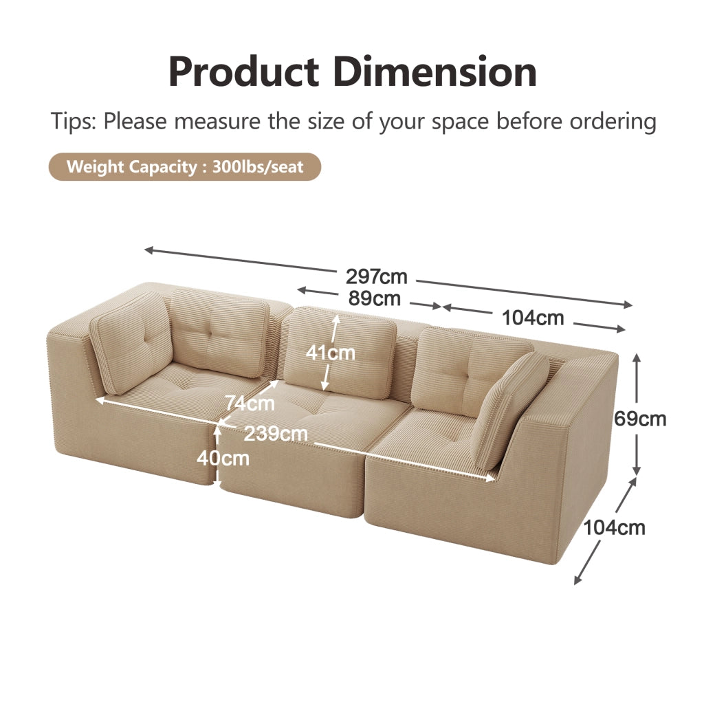Divano angolare modulare senza struttura in tessuto corduroy con seduta profonda e comfort morbido beige