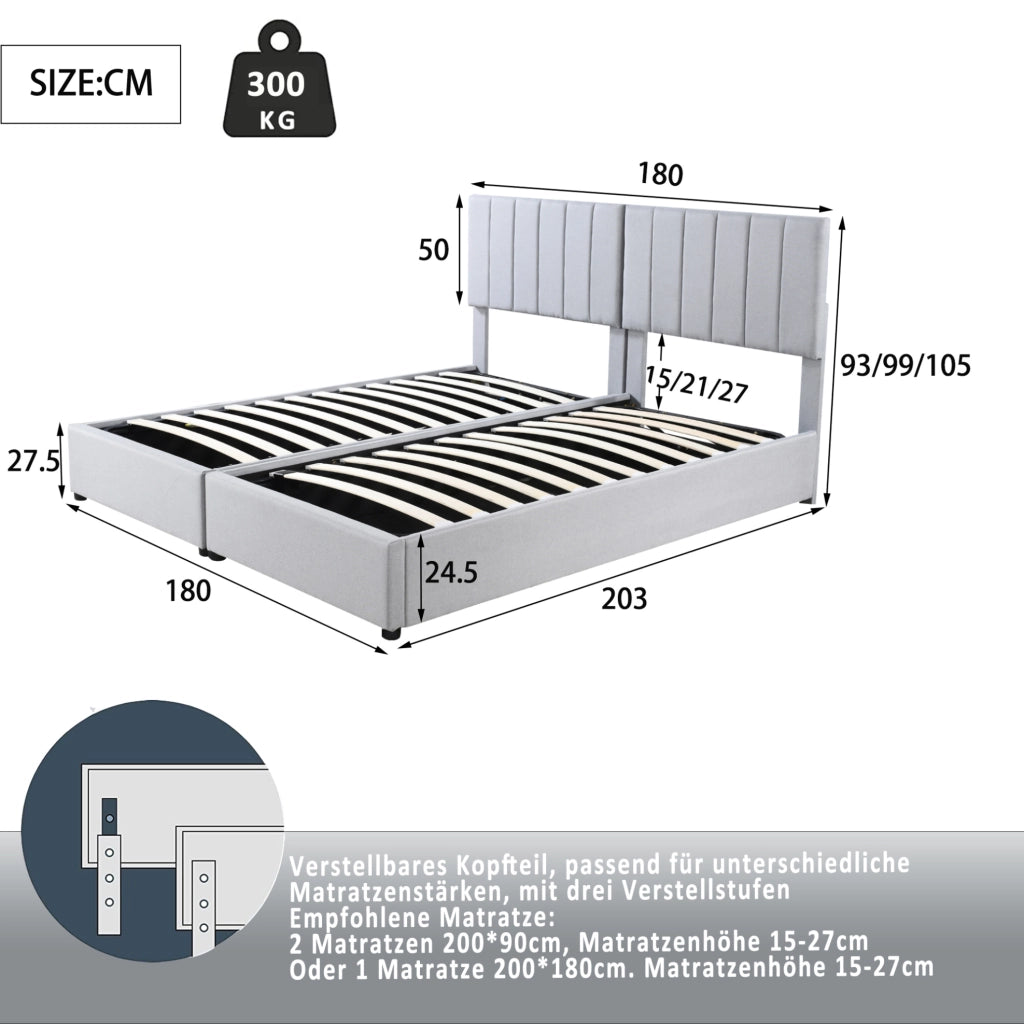 Letto imbottito 180x200 cm con contenitore idraulico grigio