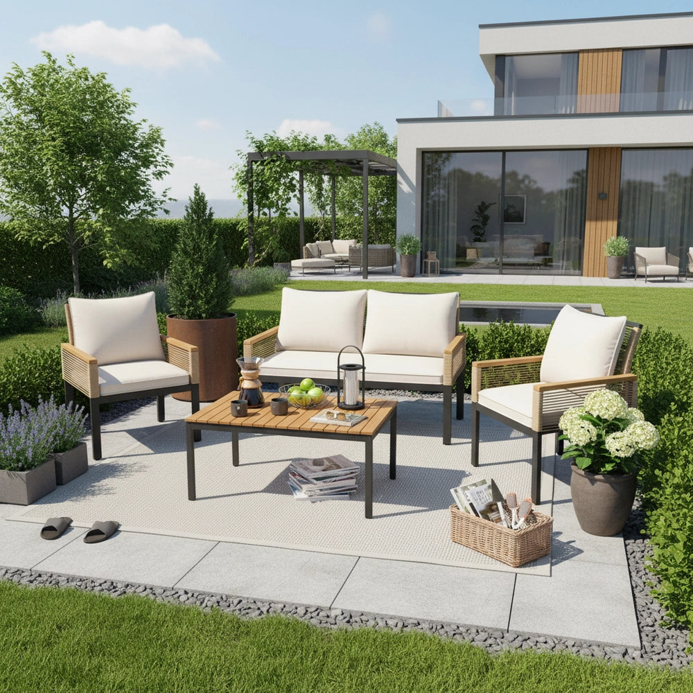 Set Divano da Giardino con Cuscini, 2 Poltrone e Tavolo ¨C Xylo ¨C Rattan, Beige