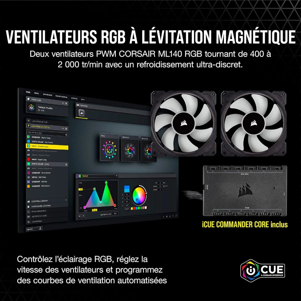 Dissipatore a Liquido 33 LED RGB CAPELLIX Ultra-Luminosi, Due Ventole PWM ML RGB da 140 mm, 400 a 2.000 RPM, Modalità Zero RPM, iCUE Commander CORE Incluso, Nero, Radiatore di 280mm