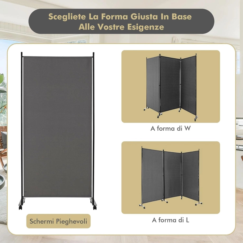 Paravento da Interno in Metallo, Separé Divisorio Interno Pieghevole con Piedini Stabili, Pannelli Divisori per Interni per Casa e Ufficio (Grigio, 262 x 180 cm (3 Pannelli con ruote))