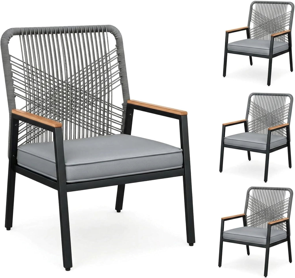 Sedie da giardino in rattan, Set da 4, Sedie da patio resistenti alle intemperie, Sedie da balcone in metallo, Portata massima 160 kg, Braccioli in WPC, Per patio, giardino e veranda, Beige