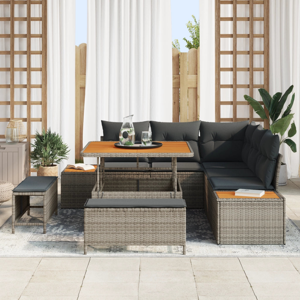 Set Divano da Giardino di 8 Pezzi con Cuscini Grigio Polyrattan Acacia