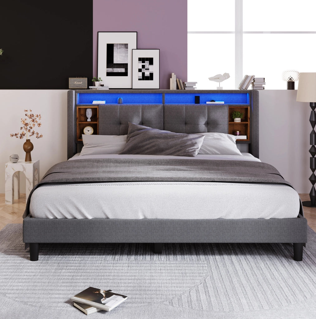 Letto imbottito con testiera contenitore, USB, prese e LED, 140x200 cm, grigio