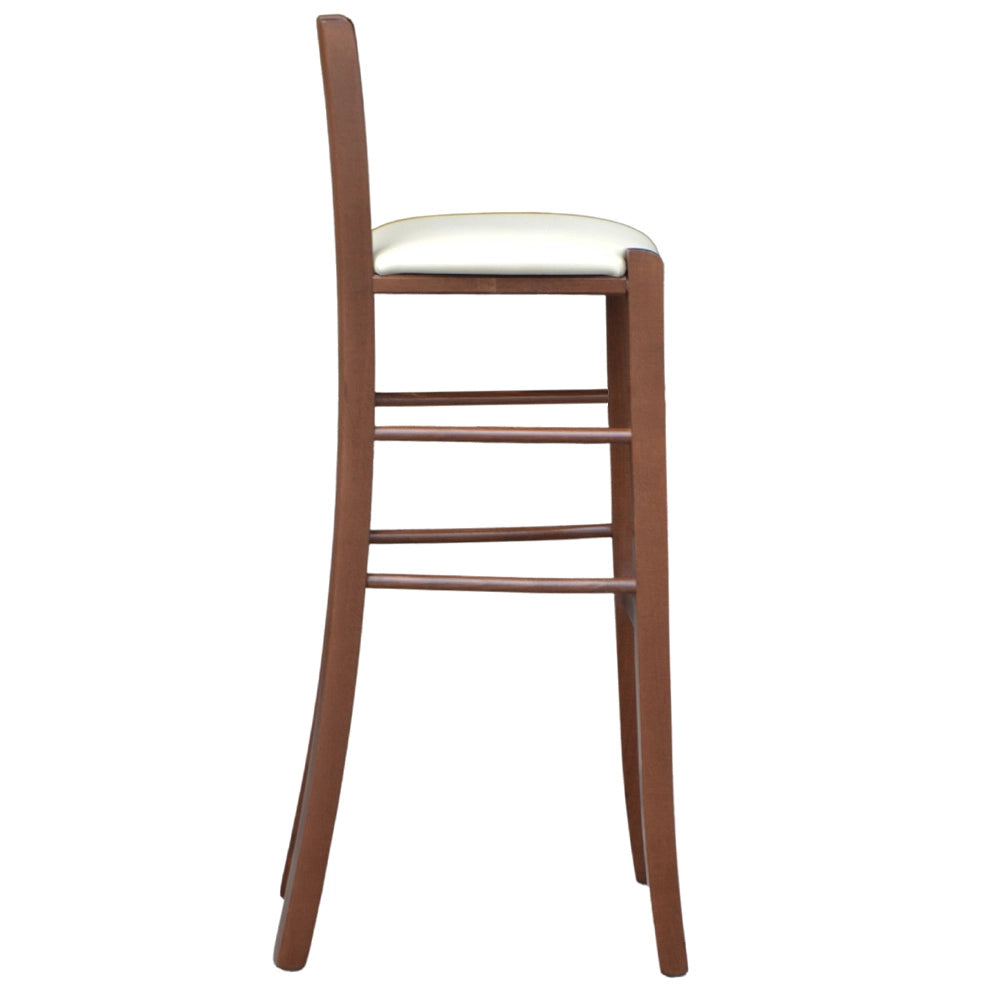 Sgabello alto 80 cm in legno noce scuro con schienale seduta in similpelle beige