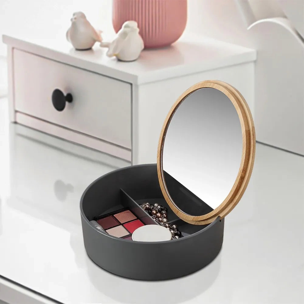 Porta trucchi da bagno tondo in plastica grigia e bambù completo di specchio