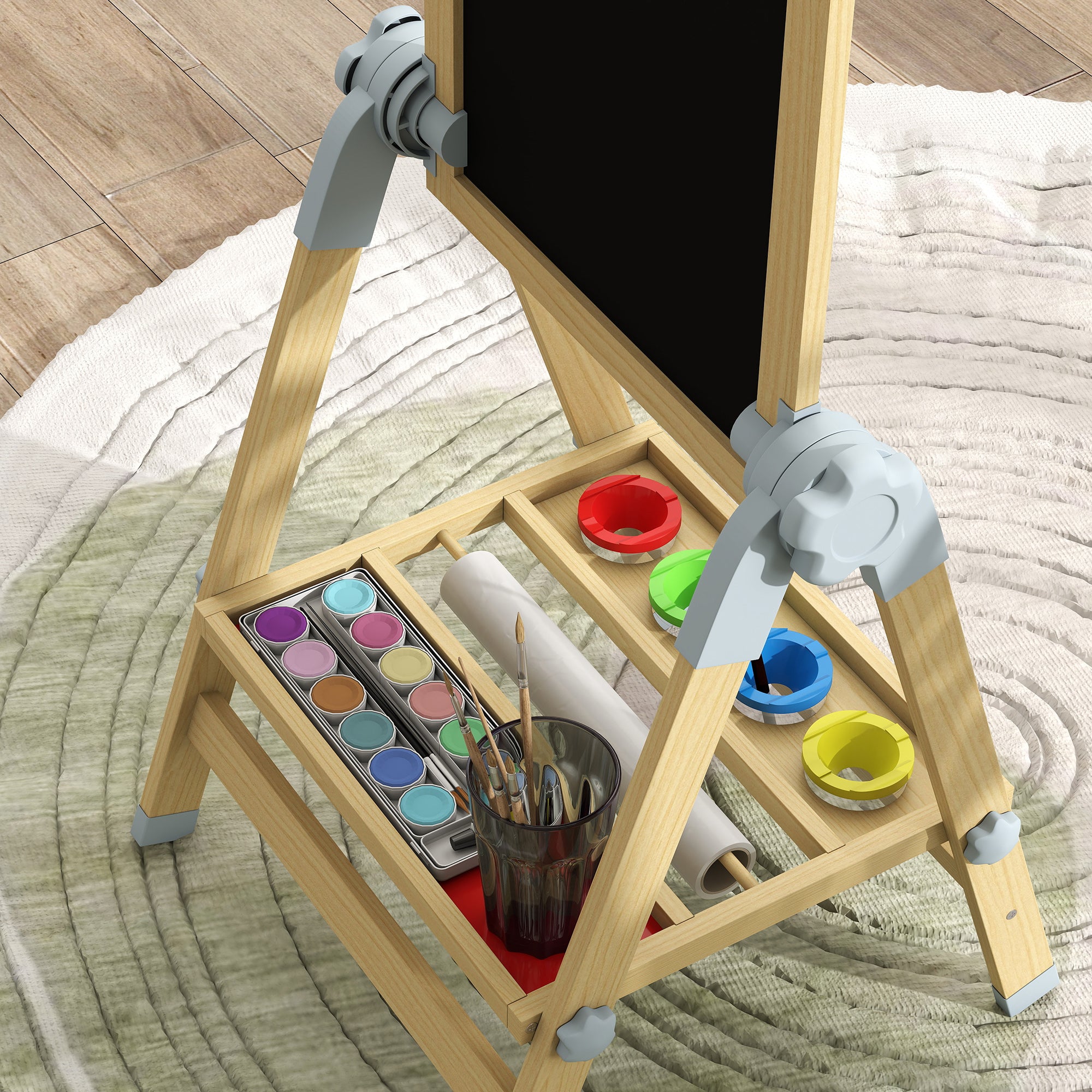 Cavalletto per Bambini Doppia Lavagna per Gesso e Pennarelli Lavagnetta Magnetica e Rotolo di Carta Legno