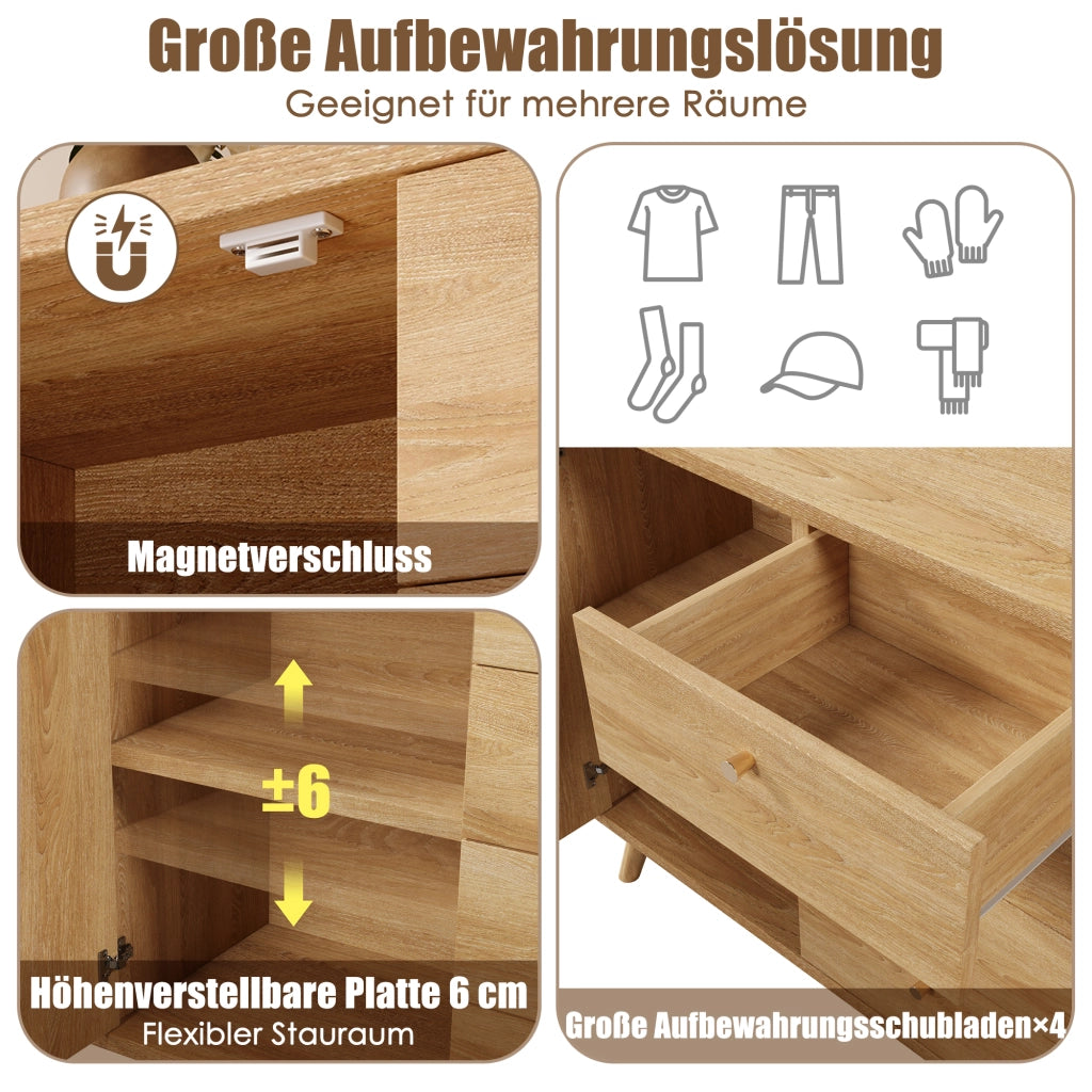 CREDENZA 140x40x86 cm Rovere Chiaro Effetto Rattan 4 Cassetti 2 Ante