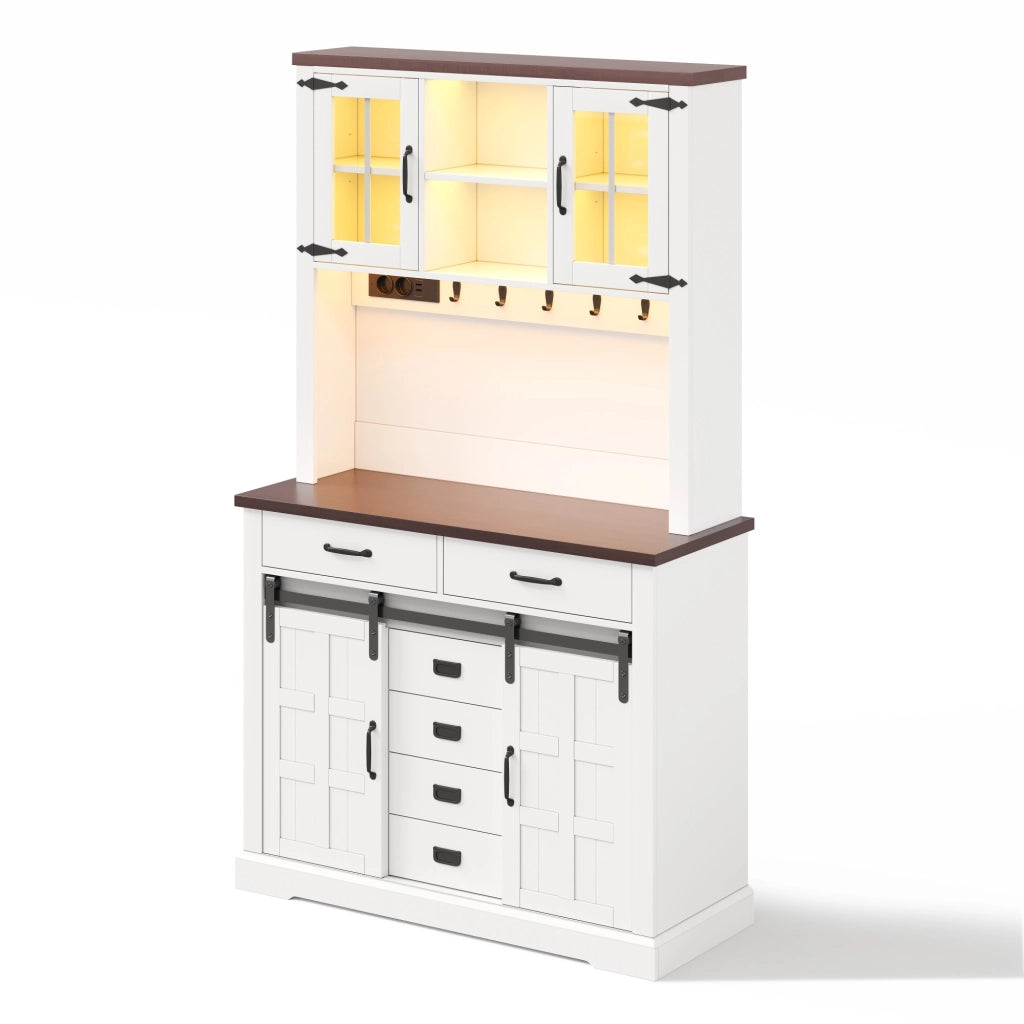 Credenza da cucina multifunzione 108x40x180 cm, piano di lavoro, LED RGB, prese integrate, 6 cassetti e ripiani regolabili, bianca