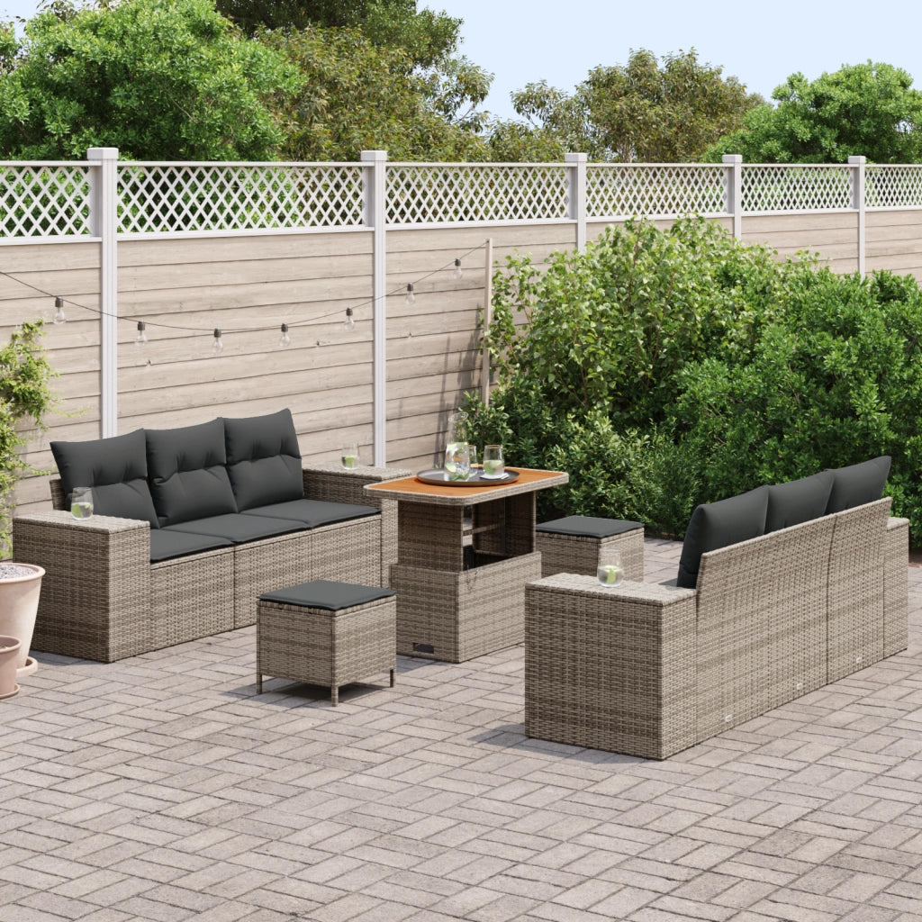 Set Divano da Giardino 9 Pezzi con Cuscini Grigio Polyrattan Acacia