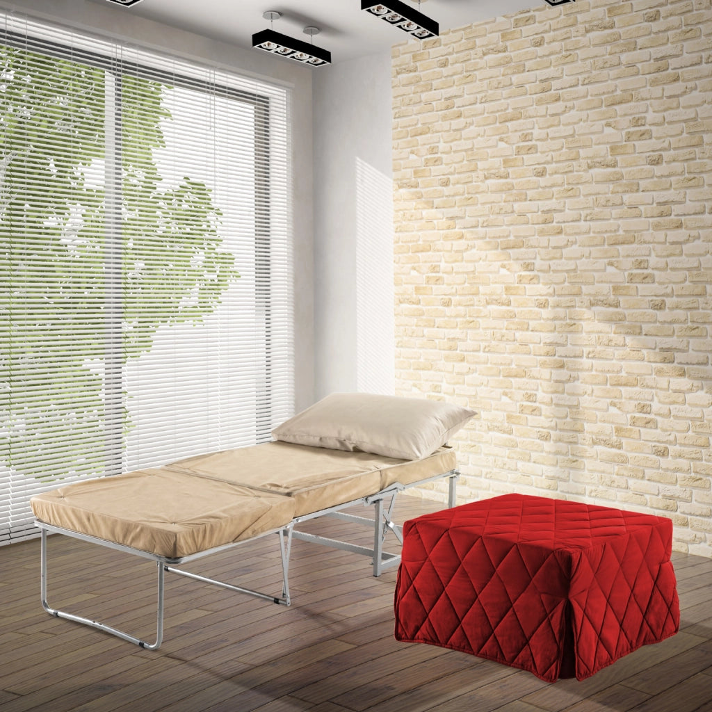 Pouf letto rosso che diventa comodo materassino alto 10 per ospiti inattesi. Cubo letto, materassino con rete apribile con dimensione 76x210 x 10 di altezza