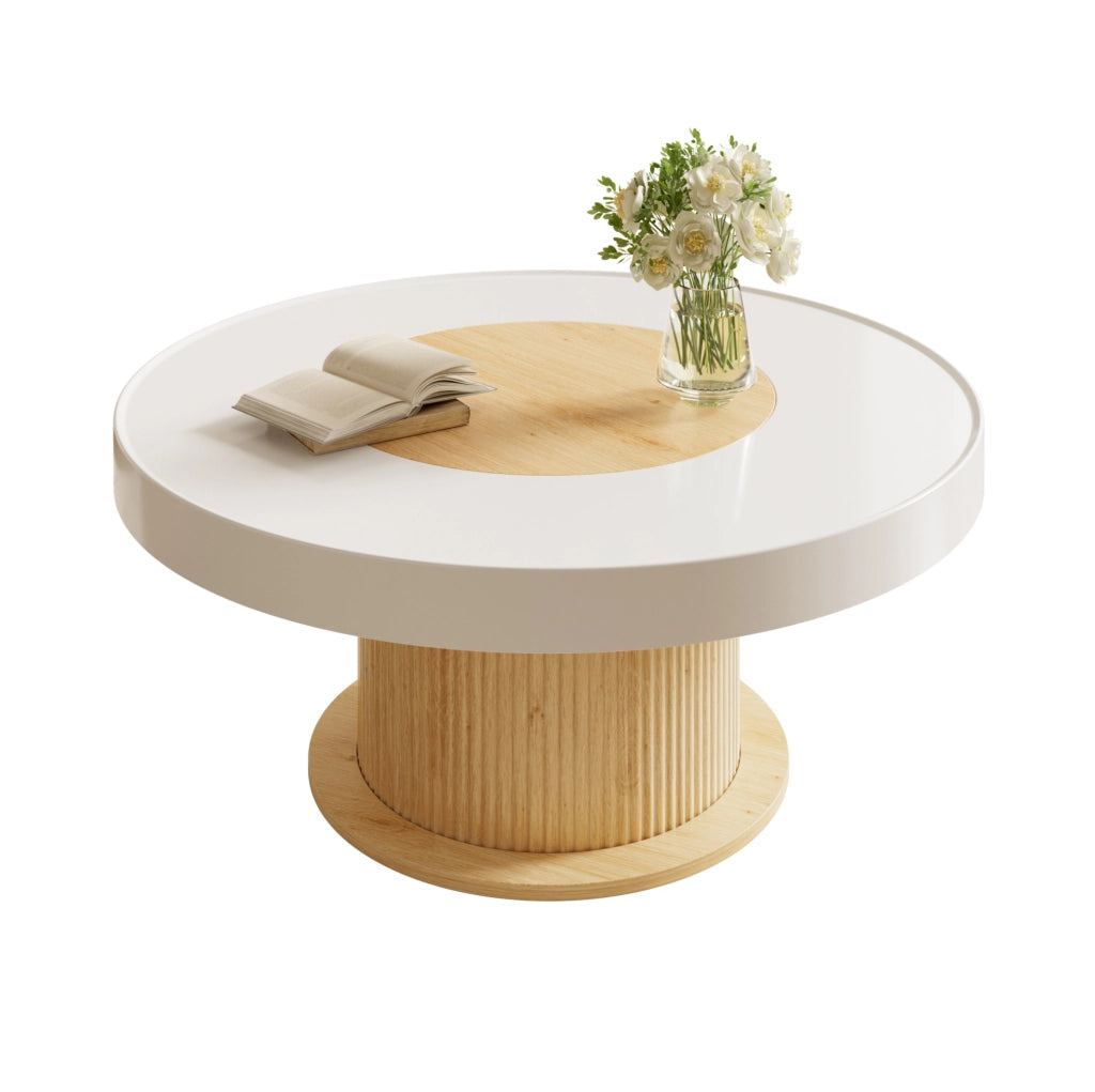 Tavolino da caffè 75x75x39 cm con piano rotondo bicolore e base cilindrica scanalata in MDF e PVC naturale e bianco