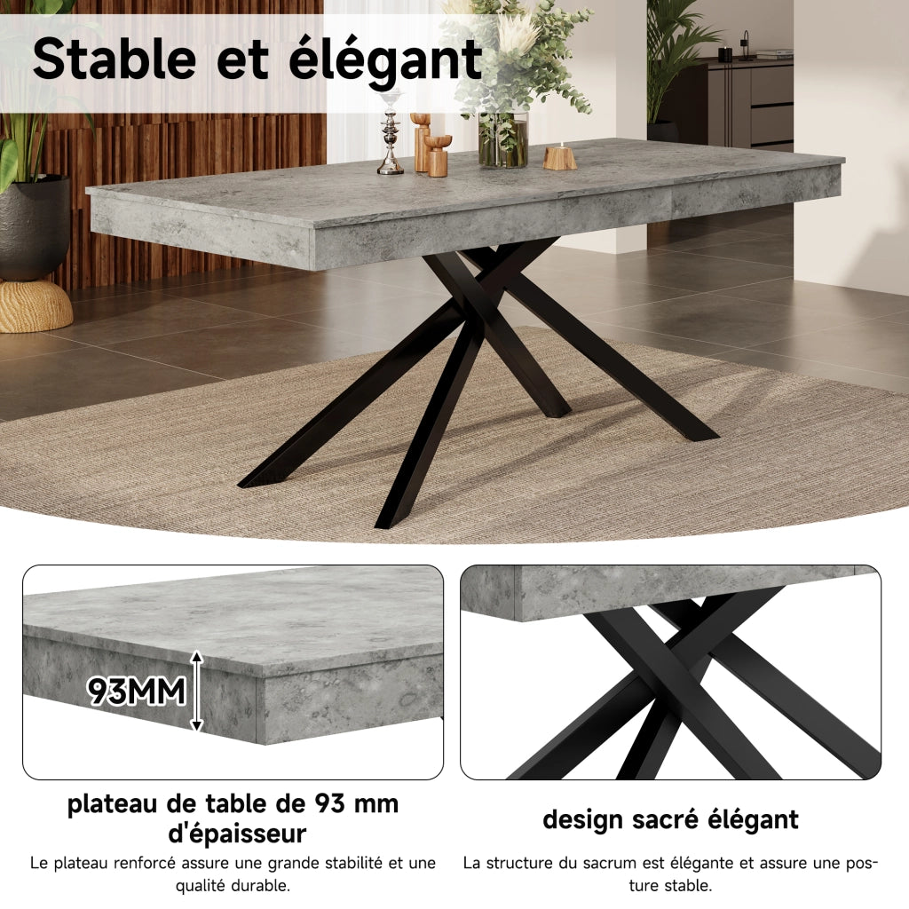 Tavolo da pranzo allungabile con piano da 93 mm, gambe incrociate, per sala da pranzo, cucina e soggiorno, grigio