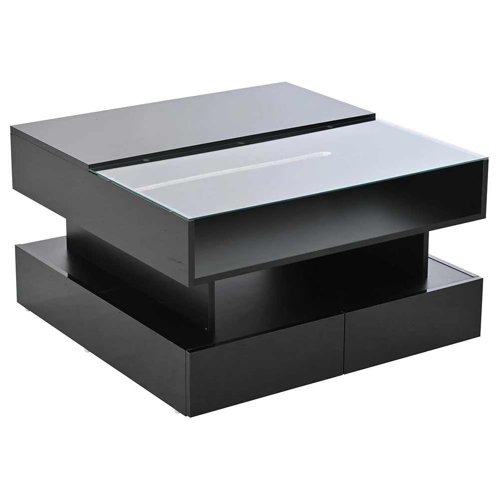 Tavolino regolabile - Xylo - 80x80cm vetro temperato 2 cassetti LED nero