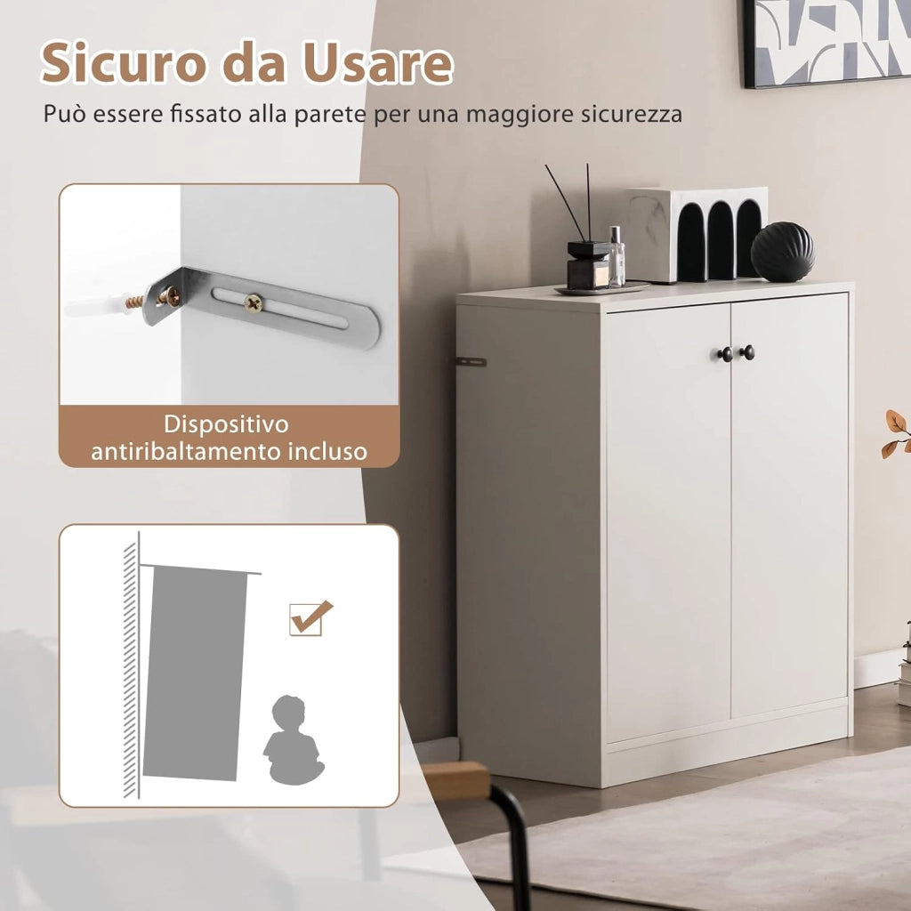Armadietto da 2 Ante, Mobile da Pavimento con Ripiani a 3 Livelli e Dispositivo Anti-Ribaltamento, per Soggiorno, Sala da Pranzo e Ingresso, 72 x 34 x 85,5 cm (Bianco)