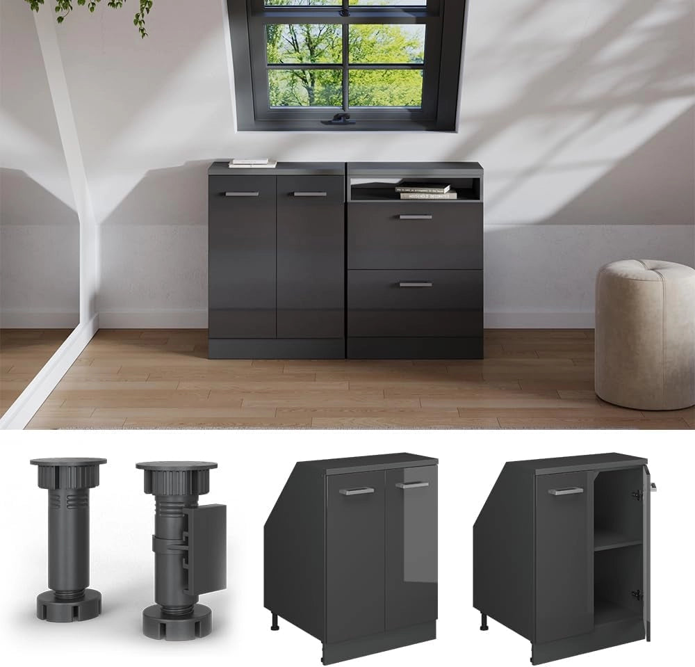 Mobile sottotetto Rion, Antracite lucido, 60 x 81.6 cm con 2 porte, carcassa 60 cm profondità, adatto per il salvaspazio sotto tetti spioventi