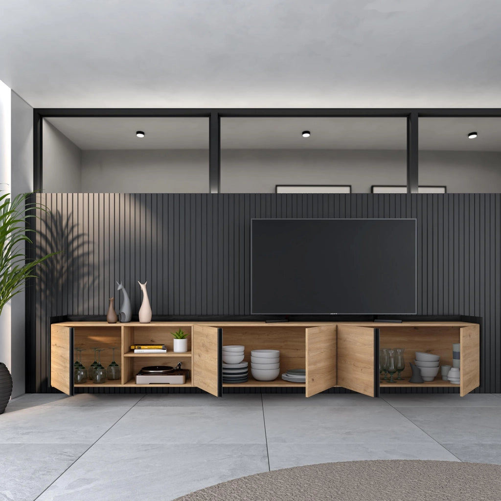 Mobile TV Soggiorno, 309x50x35 cm, Per TV fino a 80", Sospeso, da appendere, Rovere e nero