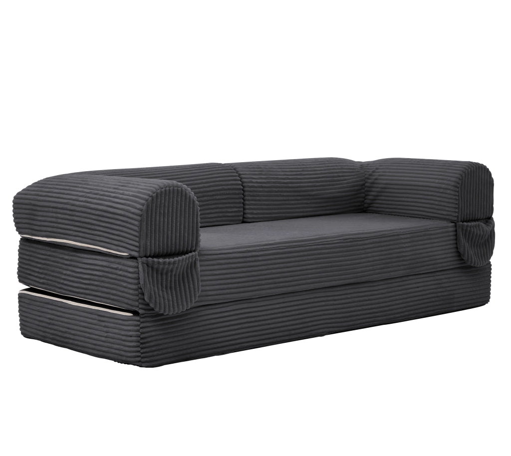 Divano letto 2 posti convertibile in tessuto corduroy, design salvaspazio con struttura bassa, grigio