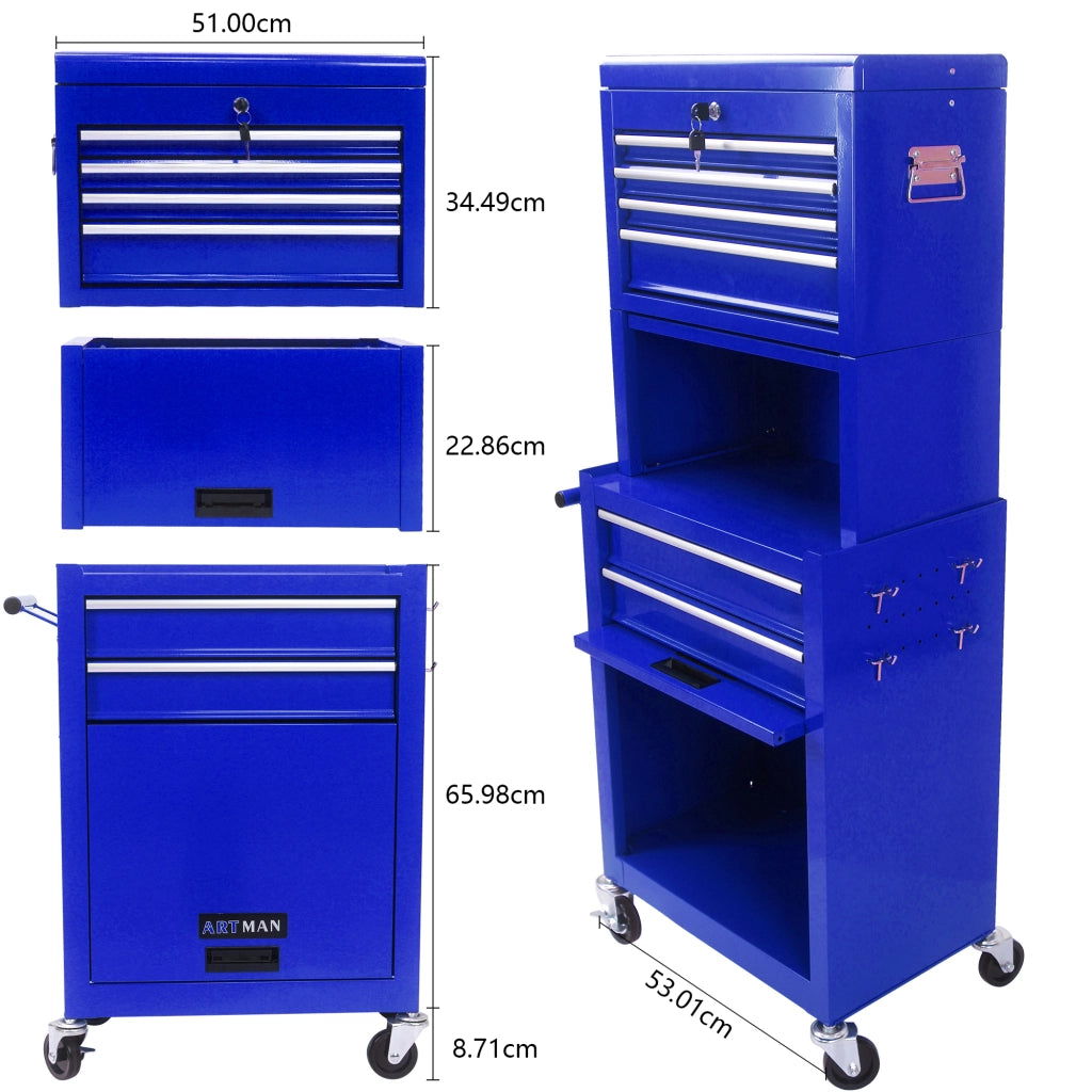 Cassettiera con ruote a 6 cassetti e sistema di blocco in acciaio per garage officina e autoriparazione blu