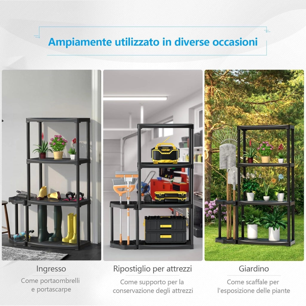 Scaffale per Garage a 4 Livelli con Portautensili, Scaffale di Stoccaggio Aperto con Supporto per Portautensili a 12 Fori per Attrezzi, per Magazzino Ripostiglio Seminterrato