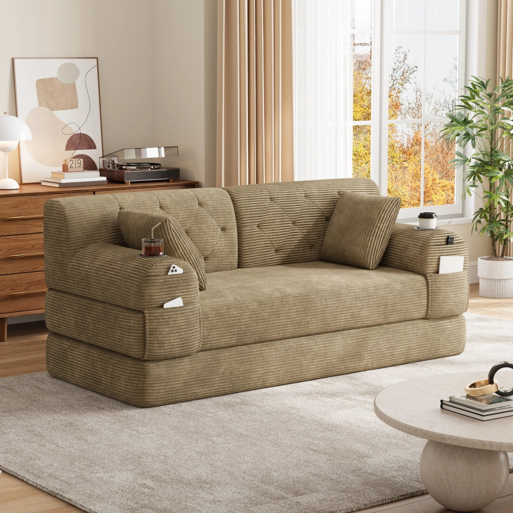 Divano letto 2 posti con 4 tasche e 2 portabicchieri in velluto a coste Khaki 168 × 80 × 81 cm