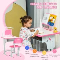 Set Scrivania e Sedia per Bambini 6-12 Anni ad Altezza Regolabili, Banco Scuola con Lampada, Cassetto, Gancio, Portapenne e Leggio, Set Banco con Sedia per Bambini in Acciaio e MDF, Rosa