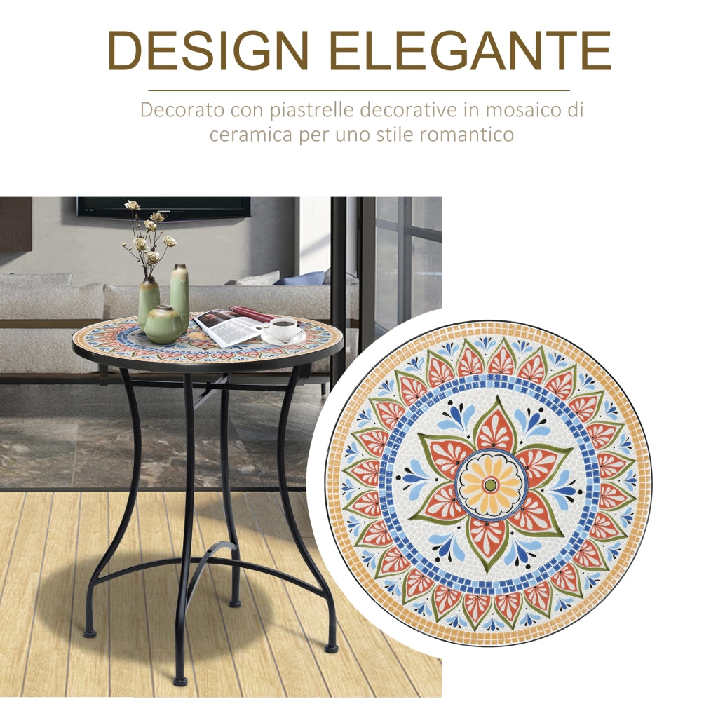Tavolo da Giardino Tondo ?60cm in Metallo e Mosaico, Arredamento da Esterno e Interno, Rosso