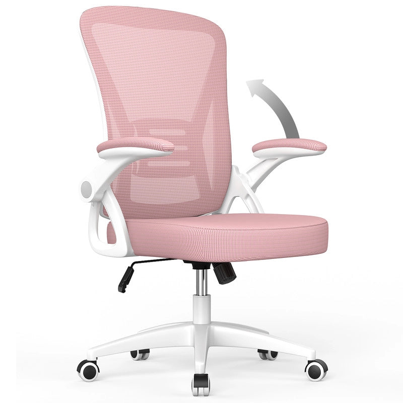 Poltrona Ufficio Ergonomica con Rotelle - RATTANTREE - Braccioli Ribaltabili 90¡ã + Schienale Reclinabile 90¡ã-105¡ã - Rete Mesh Traspirante - Rosa