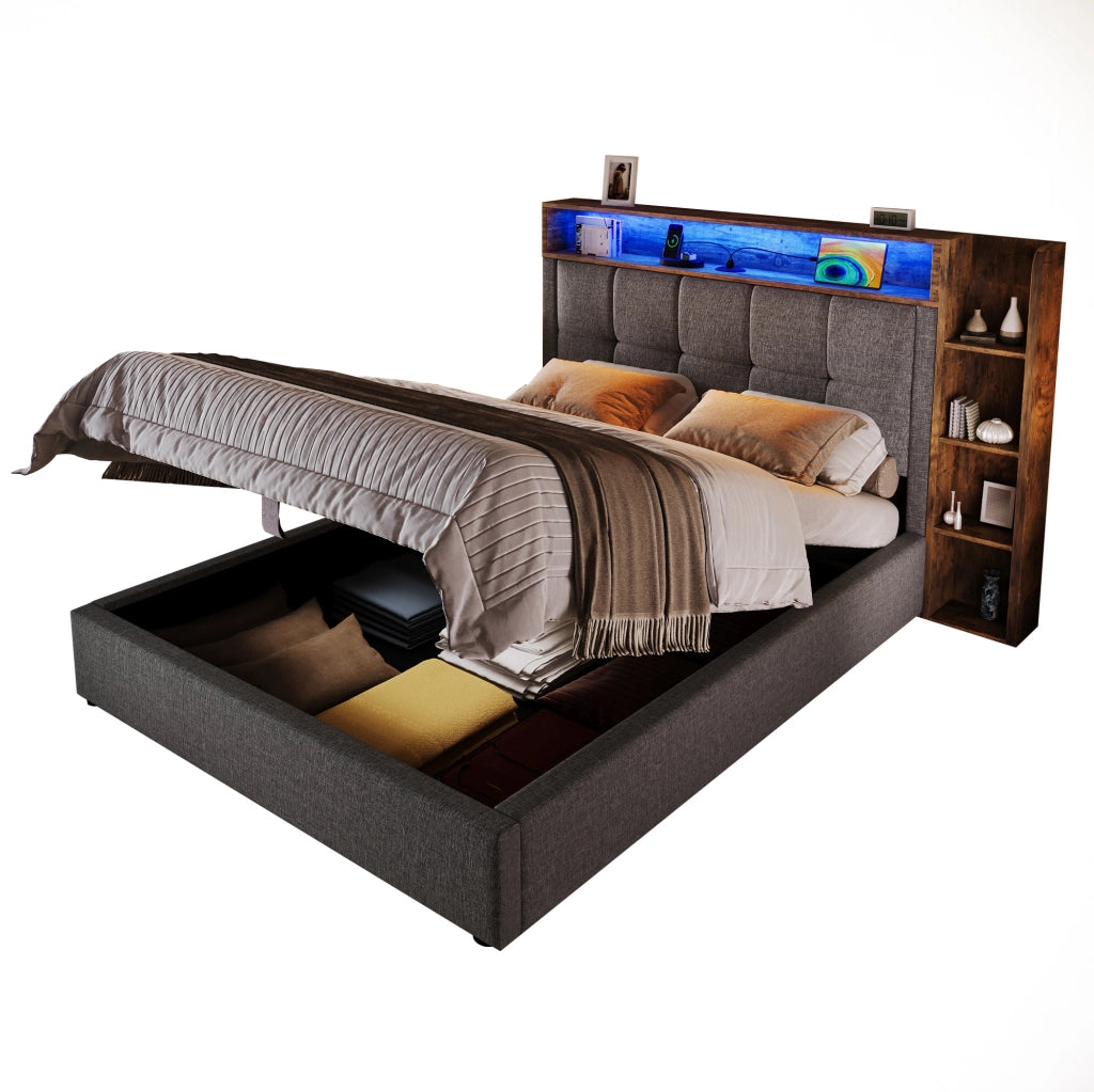 Polsterbett 90x200 cm con USB e LED; in lino e MDF; grigio