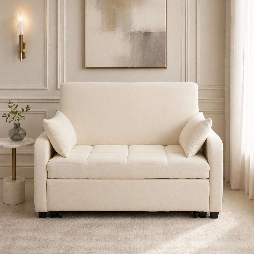 Divano letto pieghevole convertibile 127x180 cm in tessuto beige con schienale regolabile