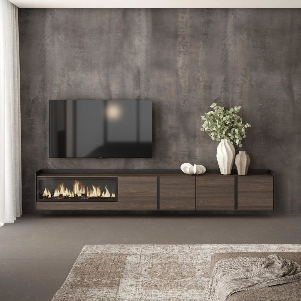Mobile TV Soggiorno, 315x50x35 cm, Per TV fino a 80", Camino elettrico XXL, Sospeso, da appendere, Rovere scuro e Nero