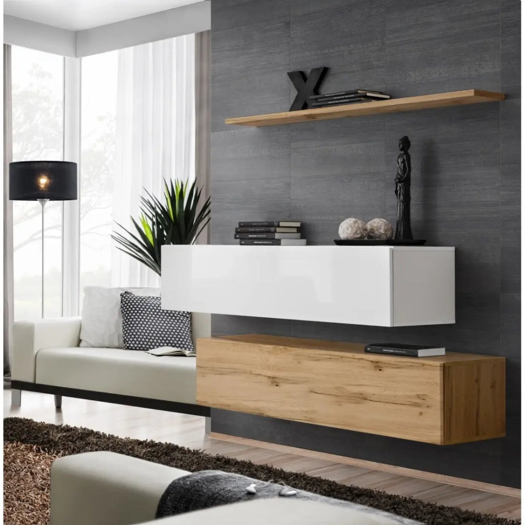 Set di mobili da salotto SWITCH SBII design, colore rovere Wotan e bianco lucido.