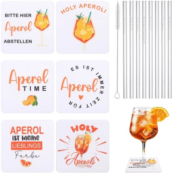 Set di sottopanchine per bicchieri e per bastoncini Aperol, 14 pezzi, per set di regalo Spritz Aperol con sottopanchine divertenti con frasi per decorazione bar e tavola, festa tematica