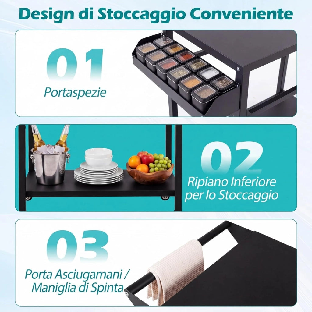 Carrello per Barbecue con 4 Ruote, Carrello Cucina da Esterno per BBQ in Metallo con Portaspezie, Portasciugamani e Ripiano Portaoggetti Inferiore, per Giardino e Terrazza, 100 x 80 x 45 cm