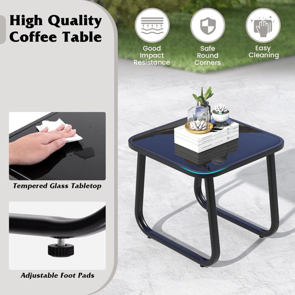Set da Giardino per 2 Sedie a Dondolo con Tavolino in Vetro, Tessuto Traspirante e Gambe Regolabili, Ideale per Balcone, 3 Colori (Nero)