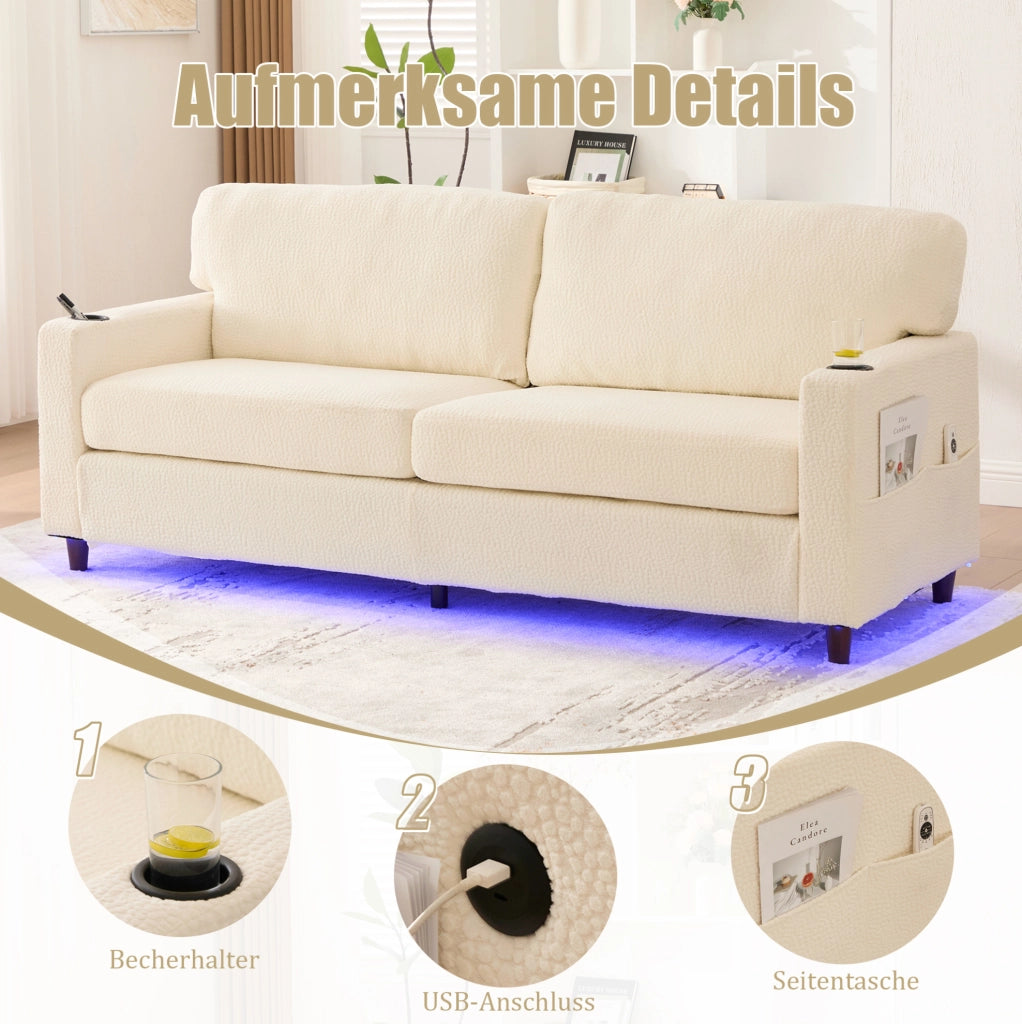 Divano a due posti beige in chenille con USB-C, LED e portabevande