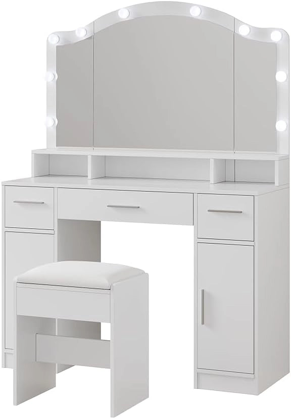 Tavolo da toilette Lumira, Bianco, 110 cm con specchio LED e sgabello, con controllo touch e seduta regolabile in altezza