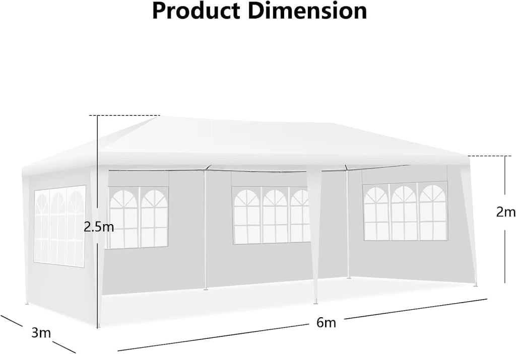 Tenda da Giardino, 3 x 6 m, Portatile, con Borsa per Trasporto, Gazebo Pieghevole con Pareti Laterali e Finestre, Tenda da Giardino per Feste, Bianco