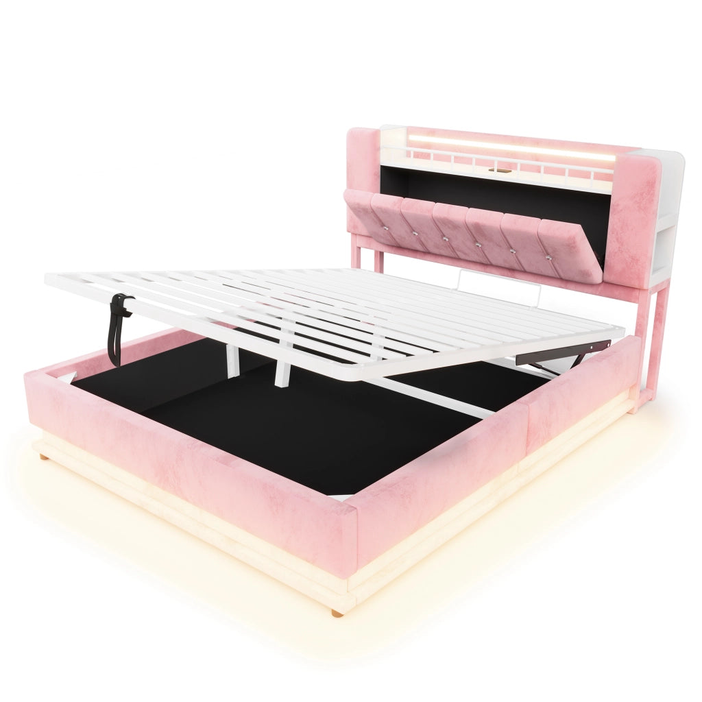 Letto imbottito rosa 160x200 con LED; USB e contenitore idraulico