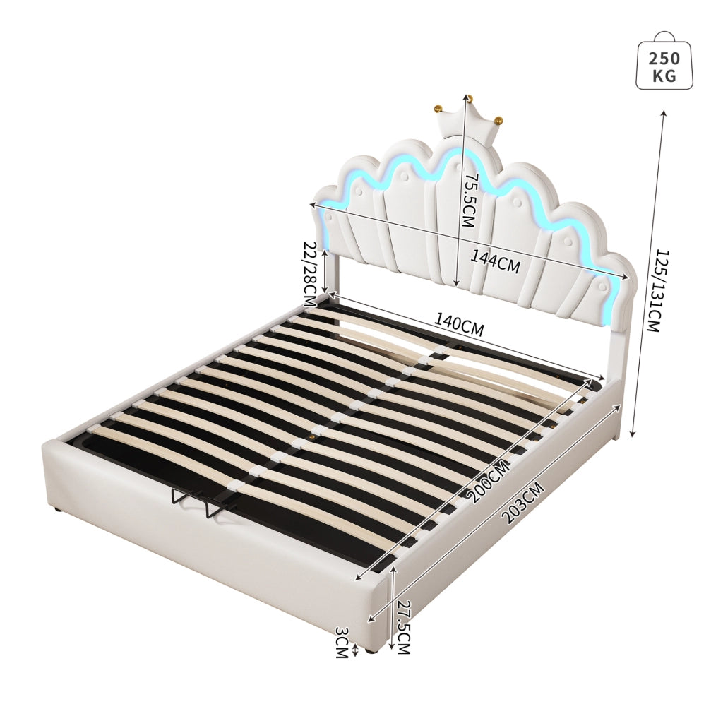 Letto imbottito 140x200 cm con LED e vano contenitore