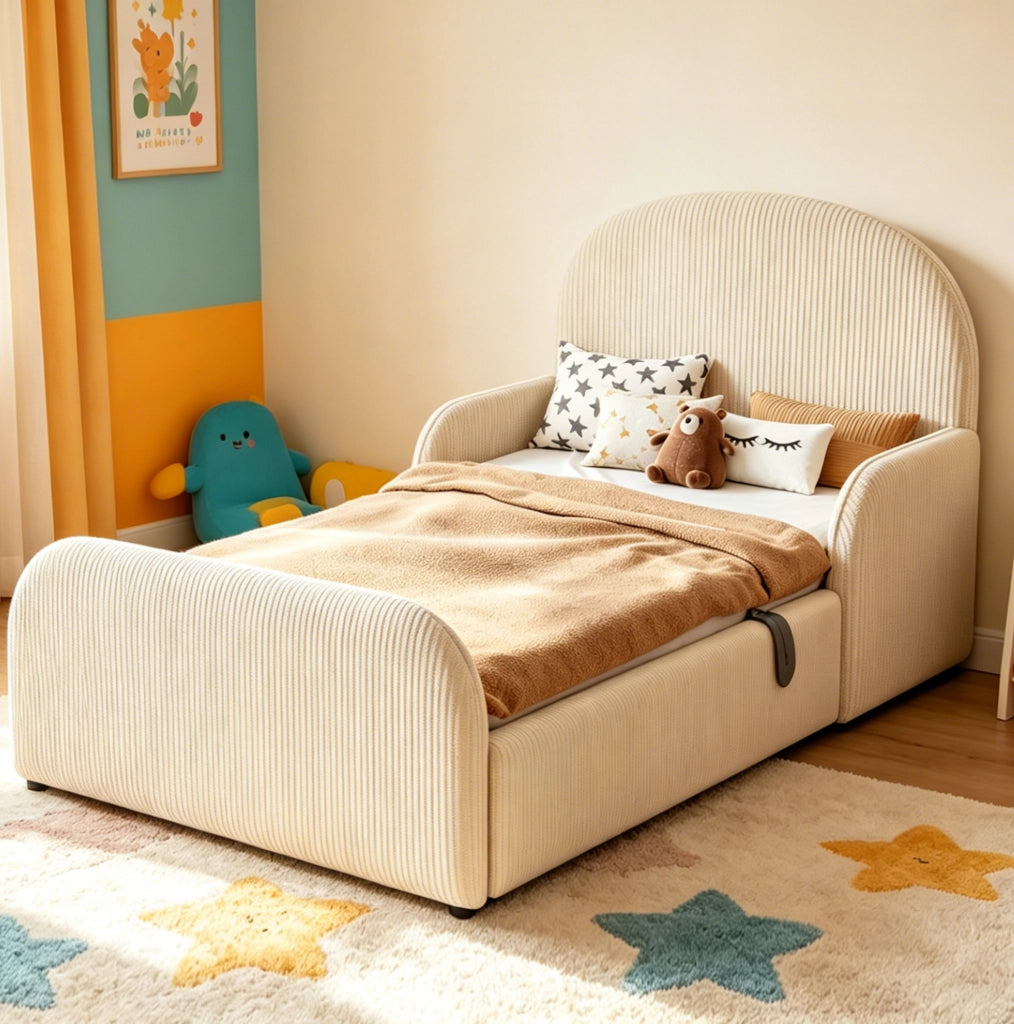 Letto imbottito per bambini 90x200 cm in velluto beige con contenitore idraulico e sponde laterali