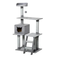 Tiragraffi Palestra per Gatti Multilivello con Casetta Scala Piattaforme, Pali in Corda di Juta, Grigio, 60.5x40x124cm