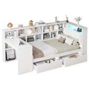Letto Combinato 90x200 cm; Letto Singolo - Scrivania; Libreria; LED e USB - Bianco