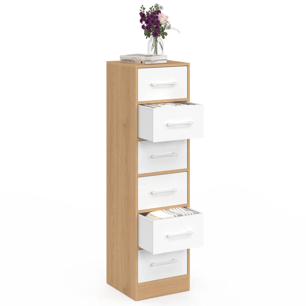 IDMarket - Mobile ausiliario a 6 cassetti UPPAH, cassettiera da 30 cm, mobile contenitore in legno effetto faggio e bianco