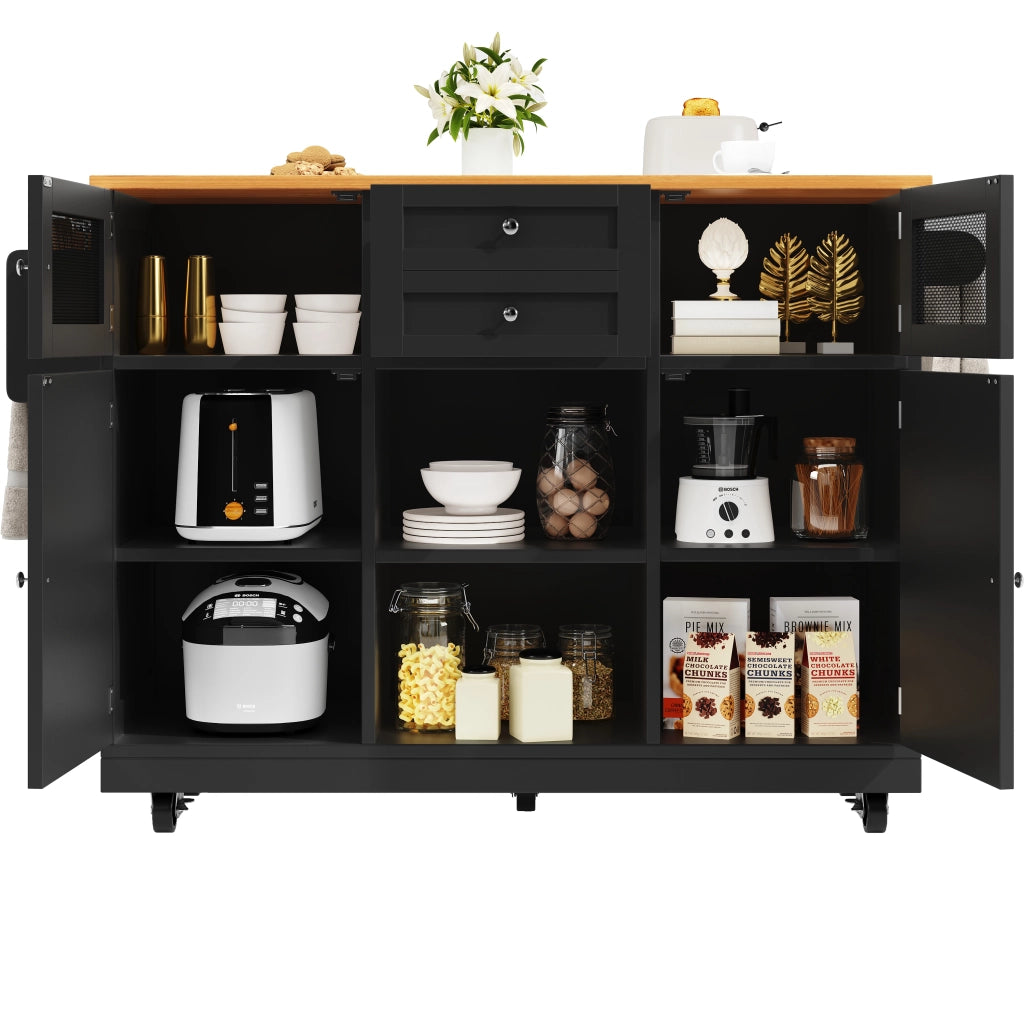 Carrello da Cucina con 2 Ante; 2 Cassetti; Portasciugamani e Ruote; in MDF; Nero; 140 x 40 x 93;5 cm