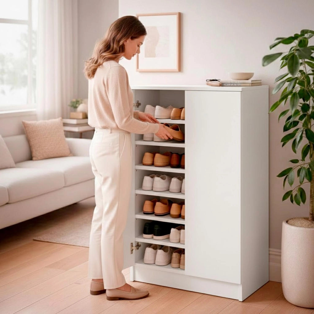 Armadio Multiuso 2 Ante Mobile Porta Scarpe Con 6 Ripiani Estraibili Scarpiera Salvaspazio Per Camera Corridoio Ingresso Ripostiglio Design Moderno Minimal 108 X 55 X 39.6 Cm Bianco