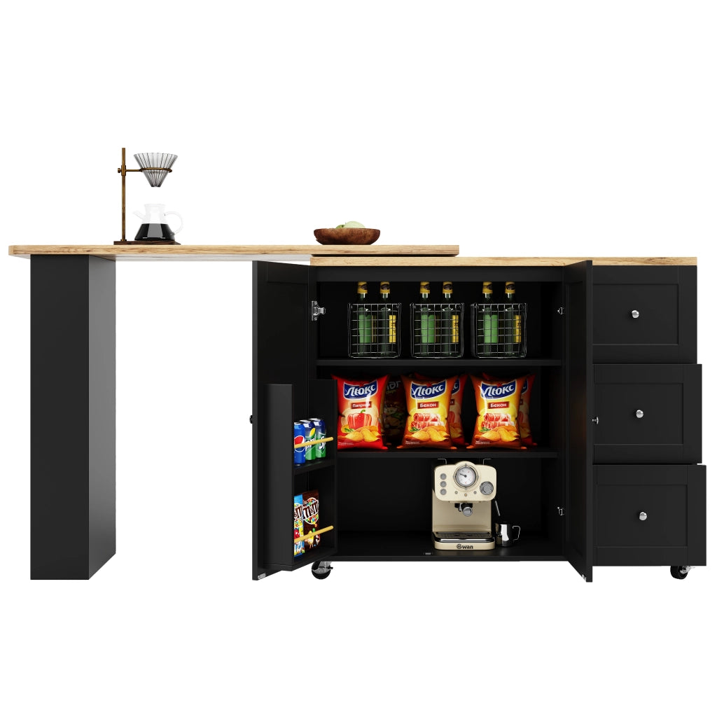 Mobile Bar con 3 Cassetti; 2 Ante; 3 Ripiani e Porta Snack Girevole a 360° con Ruote per Cucina; Nero