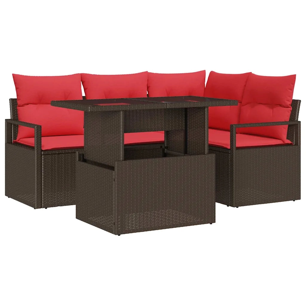 Set Divano da Giardino 5 pcs Marrone e Rosso polyrattan